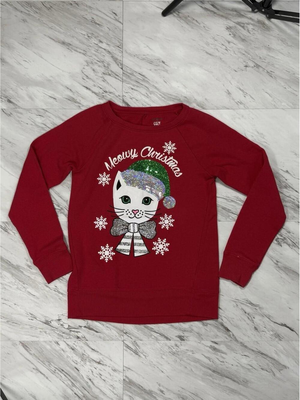 SO Cozy Crewneck Meowy Christmas Cat Sweater Red Size 12 #8